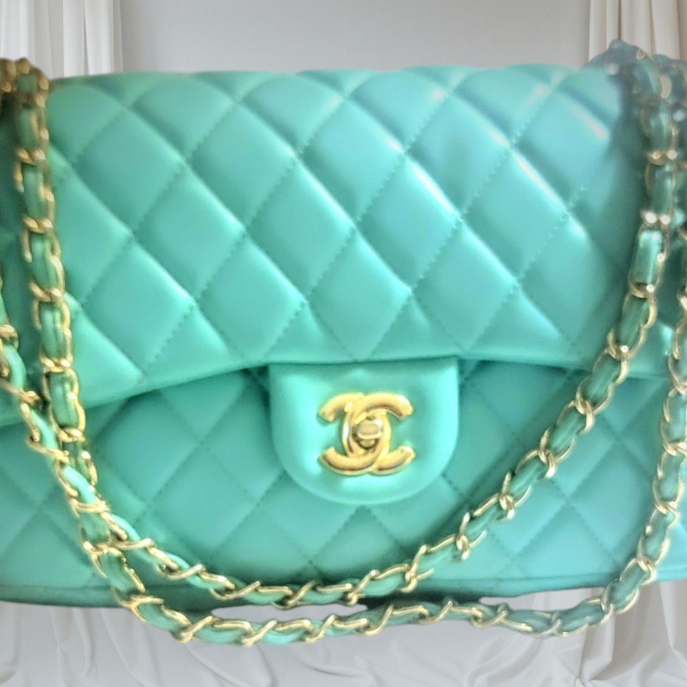 CHANEL Small Double Flap Quilted Hamdbag in Turquoise